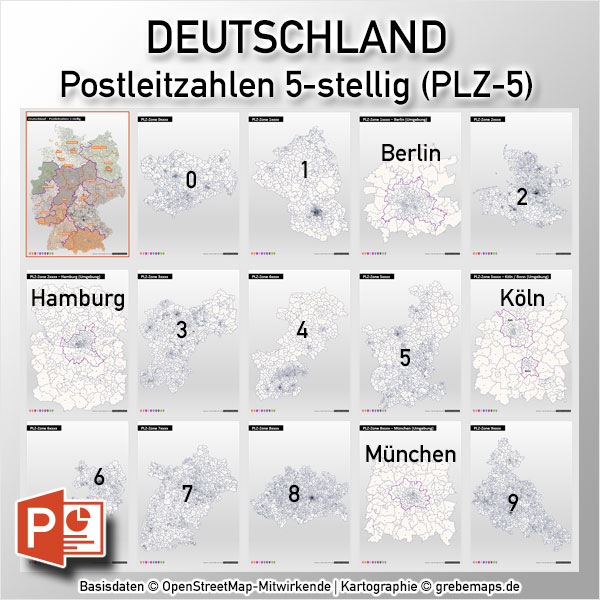 PowerPoint-Karte Deutschland Postleitzahlen PLZ-5 (5-stellig) DIN A0, mit zusätzlichen 10 PLZ-Zonen-Einzelkarten und 4 PLZ-5-Stadtkarten