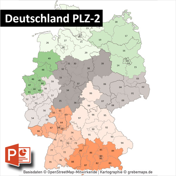 PLZ-Karte Deutschland PowerPoint 2-stellig, Postleitzahlenkarte 2-stellig PowerPoint Deutschland