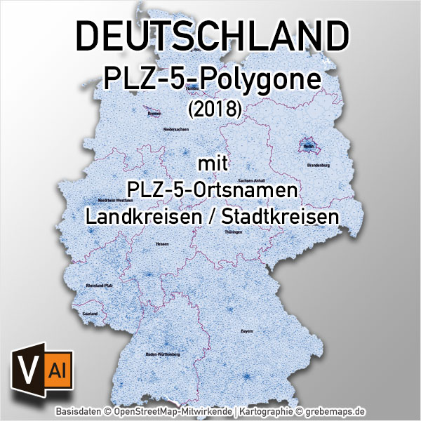 PLZ-Karte Deutschland 5-stellig Vektor, Vektorkarte PLZ 5-stellig, Postleitzahlen-Karte 5-stellig Deutschland, PLZ-Karte, Karte PLZ Deutschland, download, AI-Datei, Illustrator