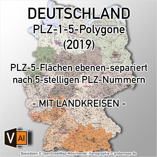 Postleitzahlenkarte Deutschland 5-stellig mit Landkreisen, PLZ-Karte Deutschland 5-stellig mit Landkreisen, Karte PLZ Deutschland 5-stellig mit Landkreisen, Vektorkarte PLZ Deutschland, Vektorkarte, AI-Datei, download