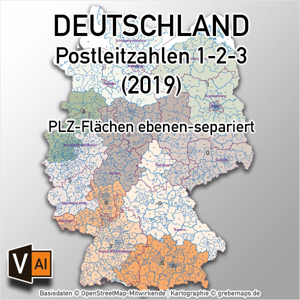 Postleitzahlenkarte Deutschland, PLZ-Karte Deutschland, PLZ 2-stellig, PLZ 3-stellig, Vektorkarte PLZ Deutschland, Karte PLZ Deutschland Vektor, Illustrator, AI-Datei, download