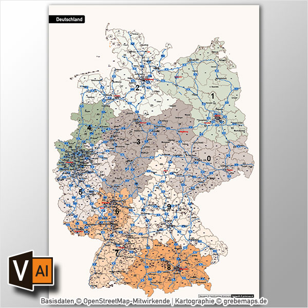 PLZ-Karte Deutschland 2-stellig 3-stellig, Postleitzahlenkarte Deutschland, Karte PLZ Deutschland download, AI-Datei, Illustrator, Vektorkarte