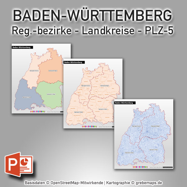 PowerPoint-Karte Baden-Württemberg Landkreise Postleitzahlen PLZ-5 (5-stellig)