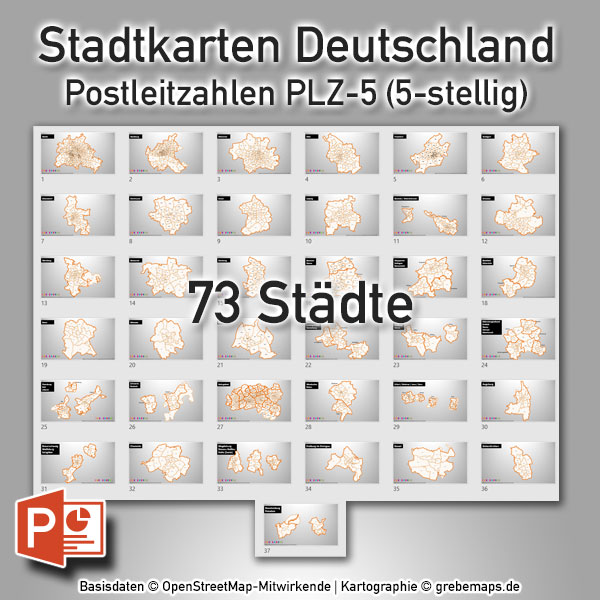PowerPoint-Karte Stadtkarten Postleitzahlen PLZ-5 Deutschland (PLZ 5-stellig) – 73 Städte