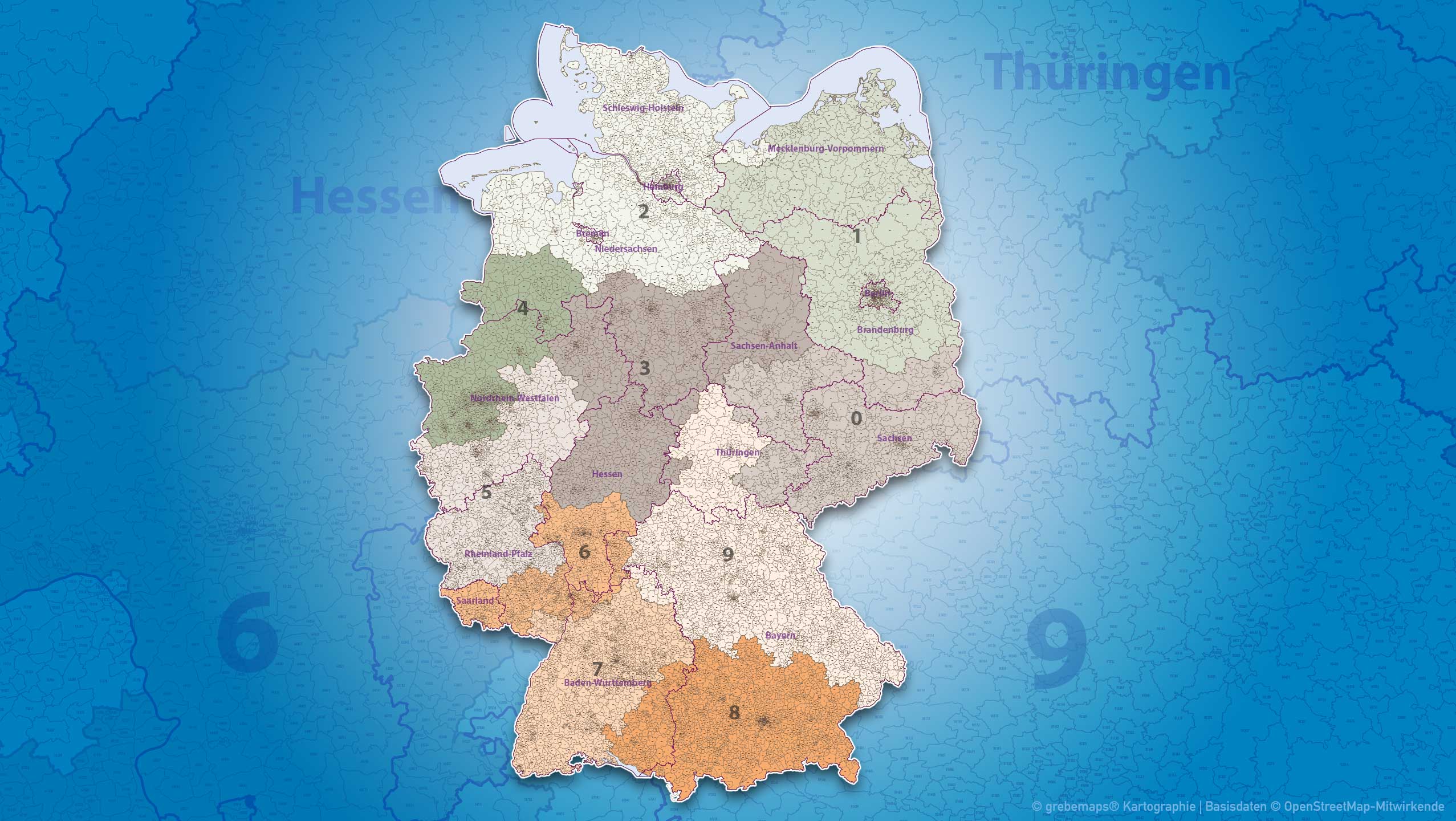 Postleitzahlen-Karte Deutschland, PLZ-Karte Deutschland, Karte PLZ Deutschland