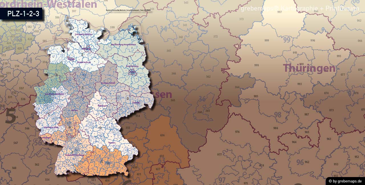 Postleitzahlen-Karte Deutschland PLZ-1-2-3, PLZ-Karte 2-stellig, PLZ-Karte 3-stellig