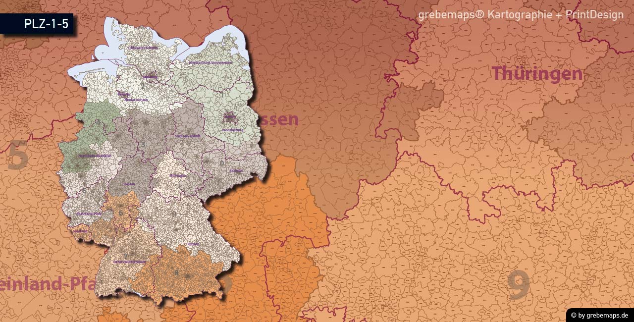 Postleitzahlen-Karte Deutschland PLZ-5, PLZ-Karte 5-stellig, PLZ-Karte Vektor