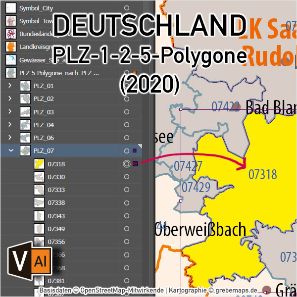 Karte Postleitzahlen Deutschland, Postleitzahlenkarte Deutschland 5-stellig, AI, download, bearbeitbar, Vektorkarte, Vektor, Vektorgrafik