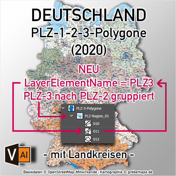 Deutschland Postleitzahlenkarte PLZ-1-2-3 mit Landkreisen Bundesländern Autobahnen Orten Vektorkarte, Karte PLZ-3 Deutschland Vektor AI, PLZ-3-Karte Deutschland, Karte PLZ 3-stellig Deutschland