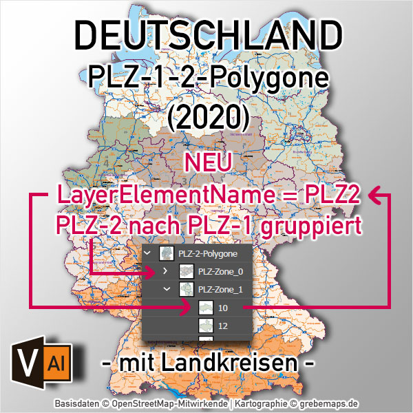 Deutschland Postleitzahlenkarte PLZ-1-2 mit Landkreisen Bundesländern Autobahnen Orte Vektorkarte, PLZ-Karte 1-2 Deutschland, Karte PLZ 2-stellig Deutschland Vektor, Vektorgrafik PLZ-Karte, Karte AI PLZ Deutschland