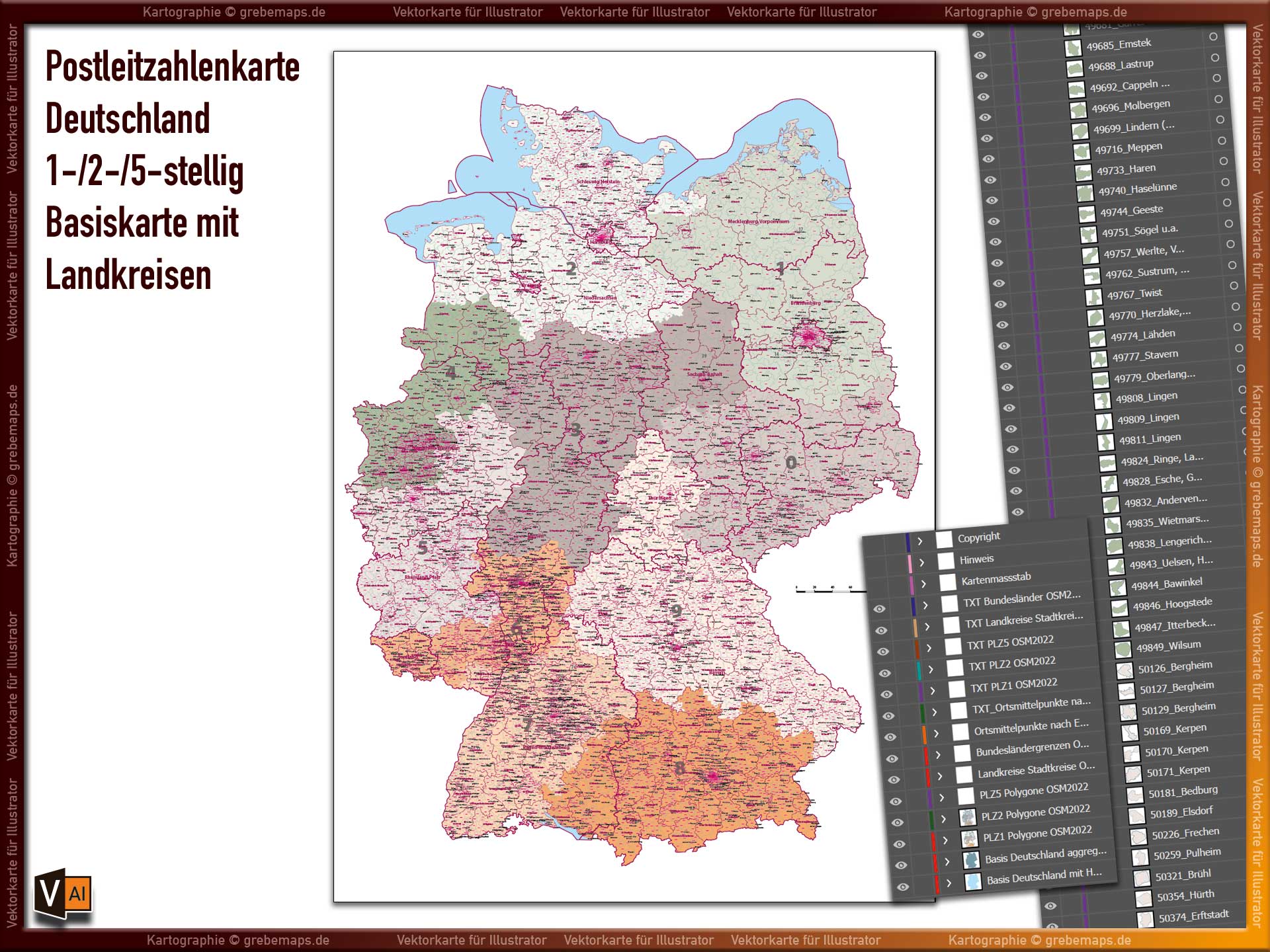 Postleitzahlenkarte Deutschland Vektorkarte für Illustrator