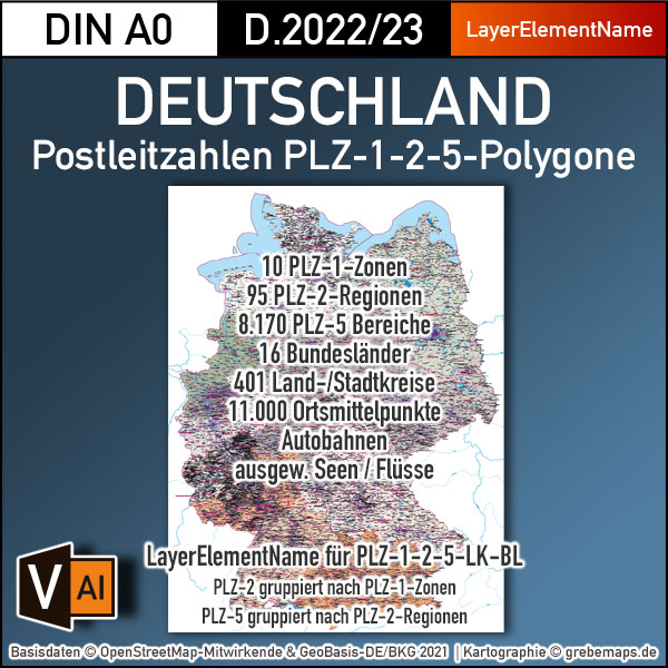 Postleitzahlenkarte Deutschland, PLZ-Karte Deutschland, Karte Postleitzahlen Deutschland, Vektorkarte PLZ Deutschland für Illustrator, editiebare Vektorkarte PLZ Deutschland