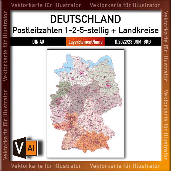 Postleitzahlenkarte Deutschland Vektorkarte für Illustrator zum Bearbeiten ebenen-separiert editierbar, PLZ-Karte Deutschland, Karte Postleitzahlen Deutschland