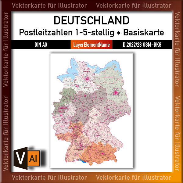 Postleitzahlenkarte Deutschland mit PLZ-1-5 (1-/5-stellig) – Vektorkarte Basiskarte