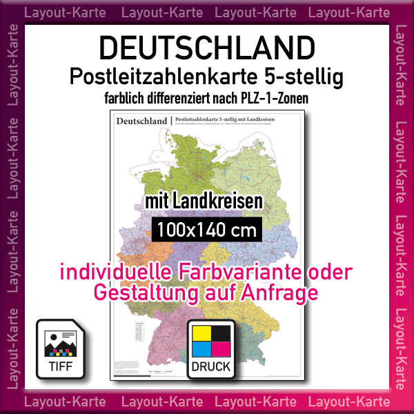 Postleitzahlenkarte Deutschland PLZ-Karte Landkarte Wandkarte mit Landkreisen und Autobahnen