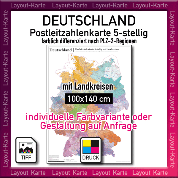 Postleitzahlenkarte Deutschland mit Landkreisen und Bundesländern PLZ-2-Zonen Wandkarte Landkarte PLZ-Karte zum selber Drucken Ausdrucken